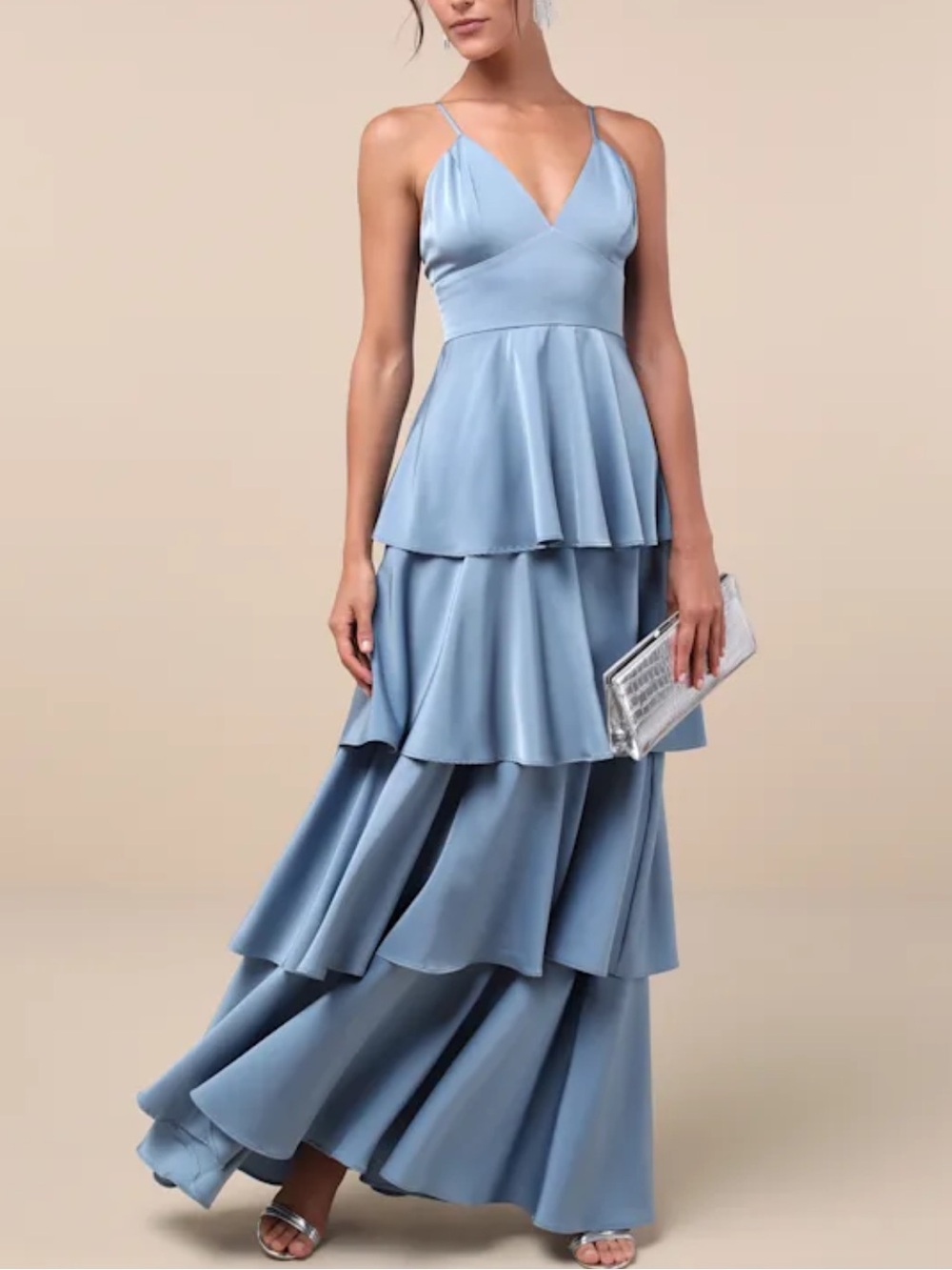 LULUS Going with Elegance Slate Blue
Satin Tiered Gown SIZE LARGE WEDDING GUEST
